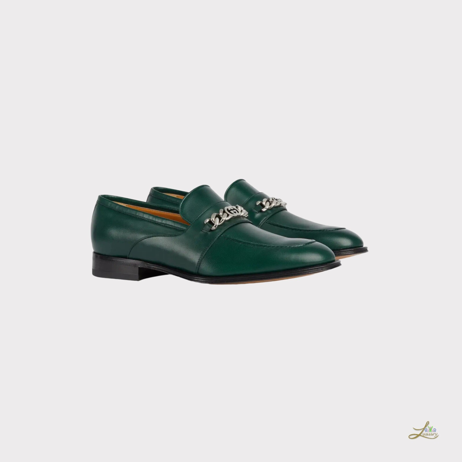 Gucci Interlocking G Green Leather Loafers Chain Detail EU 42.5 image 4