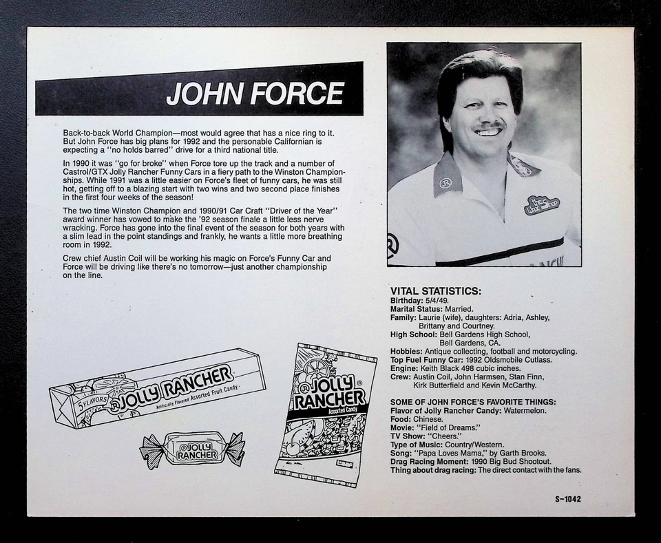 John Force Jolly Rancher NASCAR Autographed 8x10 1992 Promo Photo w/COA WWE2-111 - Image 3 of 3