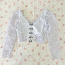 Size Au XS S Vintage 80s White Lace  Leather Cropped Top Long Puff Sleeve Retro