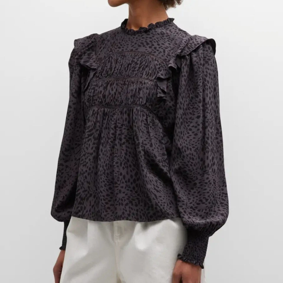NWT Rails Kadi spotted leopard blouse balloon sleeve ruffles gray black medium