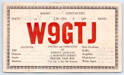 #ad QSL CB Ham Radio Card W9GTJ Johnny Janczak Beaver Dam Wisconsin WI 1934 $5.00