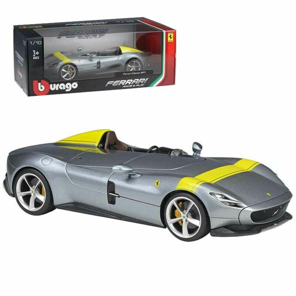 FERRARI MONZA SP1 SILVER W/YELLOW STRIPES 1:18 DIECAST MODEL CAR