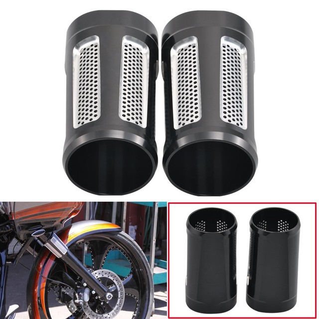 Pair Motorcycle Blk CNC Cut Fork Boot Slider Cover Cow For Harley