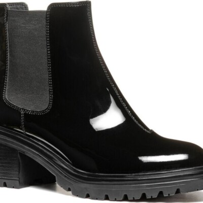 Geox Damiana Black Patent Leather Stack Heel Slip On Lug Bootie  EU40/US9.5
