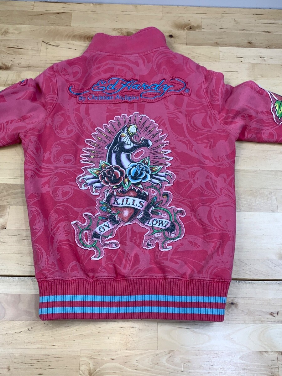 Ed Hardy Christian Audigier Jacket Womens XS Pink Rhinstones