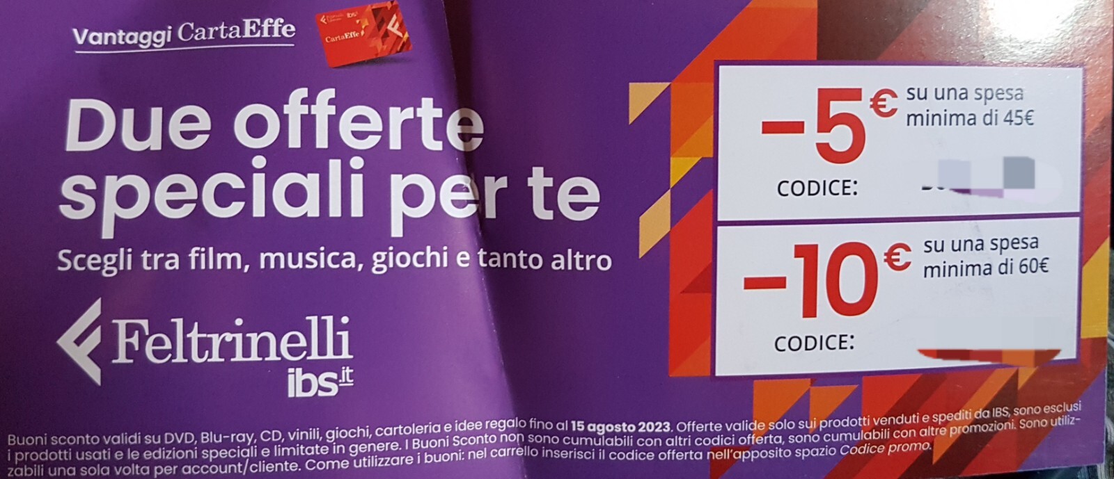 GIFT CARD VOUCHER BUONO SCONTO IBS FELTRINELLI 5 EURO istruzioni in