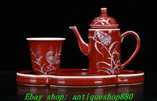 4''Qing Kangxi Marked Red Glaze Porcelain Bird  Wine Tea Pot Flagon Cup Mug Set