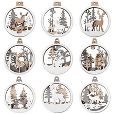 9 Pieces Christmas Wooden Ornaments Hollow Farmhouse Rustic 3D Glitter Reinde...