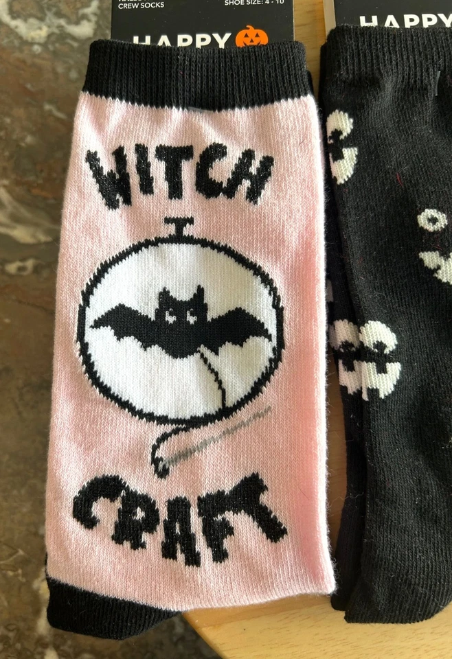 NOVO COM ETIQUETAS HAPPY SOCKS MEIAS FEMININAS TRIPULAÇÃO, 4 PARES, Abóbora Fantasma Anjo Bruxa Rosa Preto - Imagem 3 de 4