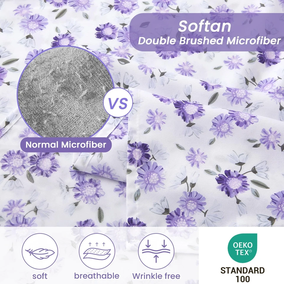 Juego de Sábanas Puple Floral King, Sábana Ajustable Estampada Microfibra 4 Piezas con 15"... Foto 3 de 4