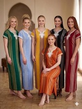 Women's Kaftan Dress Middle Eastern Striped Embroidered Neckline Multicolor