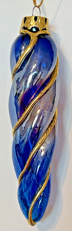 Dept. 56 Vintage Cobalt Blue & Raised Gold Swirl Glass Icicle Finial Ornament 6"