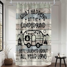 Funny RV Shower Curtain Retro Rustic Wood Neutral Color Fun Camping Themed Mo...