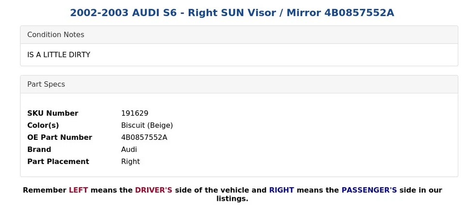 AUDI S6 2002-2003 - Parasol derecho/espejo 4B0857552A Foto 4 de 4