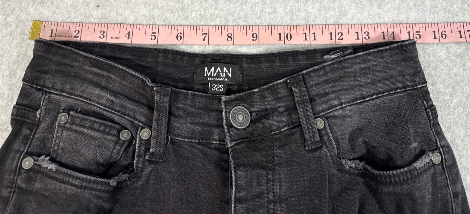 BooHoo Man Men Black Wash Denim Distressed Cargo Jeans Size 32S ButtonFly PreOwn