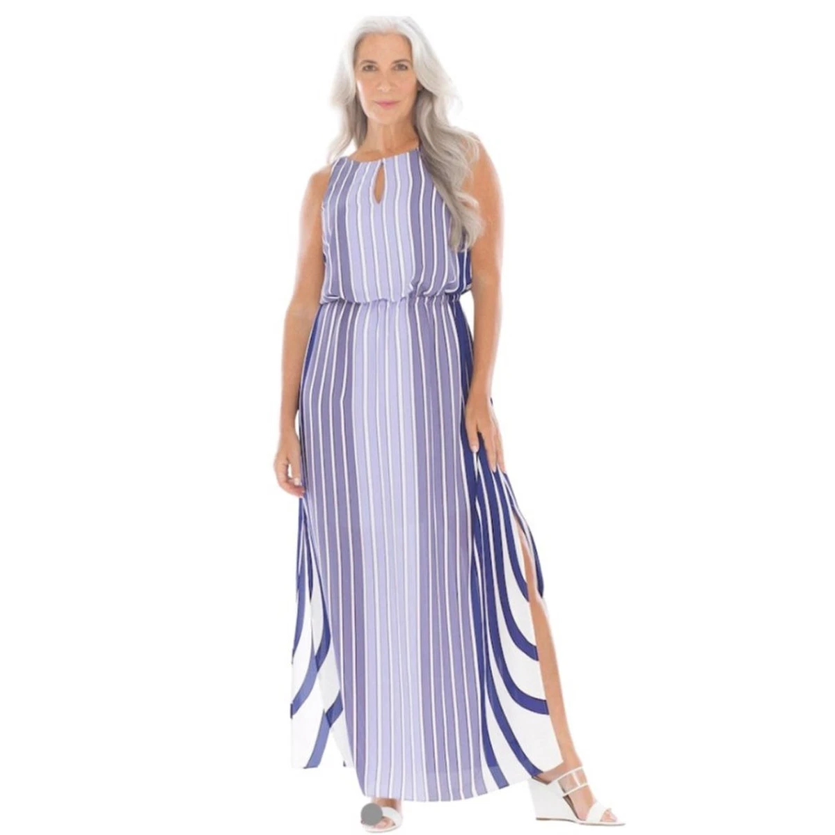 Nuevo Maxi Vestido ADRIANNA PAPELL Púrpura Mixto Tiras Forrado Aberturas Laterales | Talla 4
