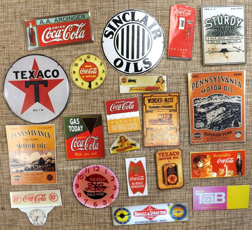 LOT OF MINIATURE VINTAGE SIGNS ON CARD STOCK SODA COKE GAS OIL CLOCK ADVERTISING