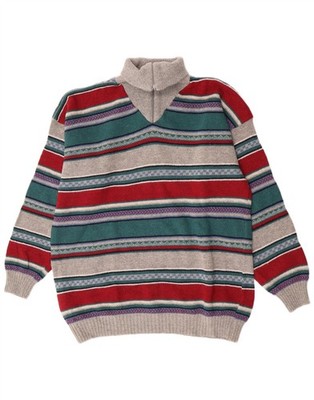 Vintage Herren Zip Neck Pullover Sweater Large bunt gestreift Lammwolle DD02