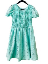 Tahari Girl Size 4 Dress Mint Green Eyelet Smocked Puffed Sleeves Lightweight