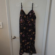 GUESS Black Floral Lace Ruffle Midi A-Line Dress Sleeveless Strappy Size 12
