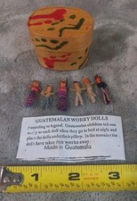 6 Vintage Tiny Guatemalan Worry Dolls Handmade in H nd Painted Wood Box