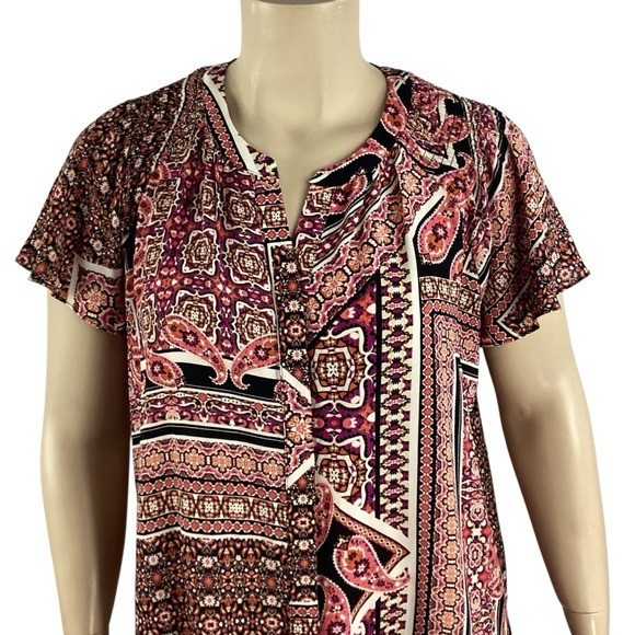 Rose + Olive 1X Patchwork Print Button Front Blou… - image 2