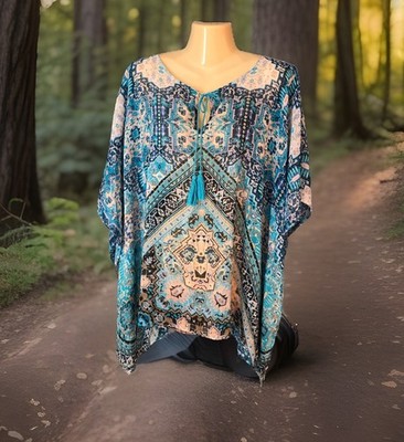 Rose & Olive Oversized Fit Popover Blouse Sz Small Sheer Chiffon Blue Boho Print