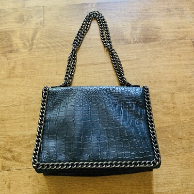 Missguided Metal Silver Chain On Black Croc Cross Body Or