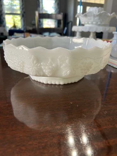 Vintage Fire King Anchor Hocking Milk Glass Fruit Bowl Footed Bottom Scalloped