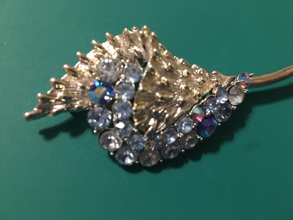 Vintage Coro Brooch Pin Blue AB Rhinestones Silver Tone Flower