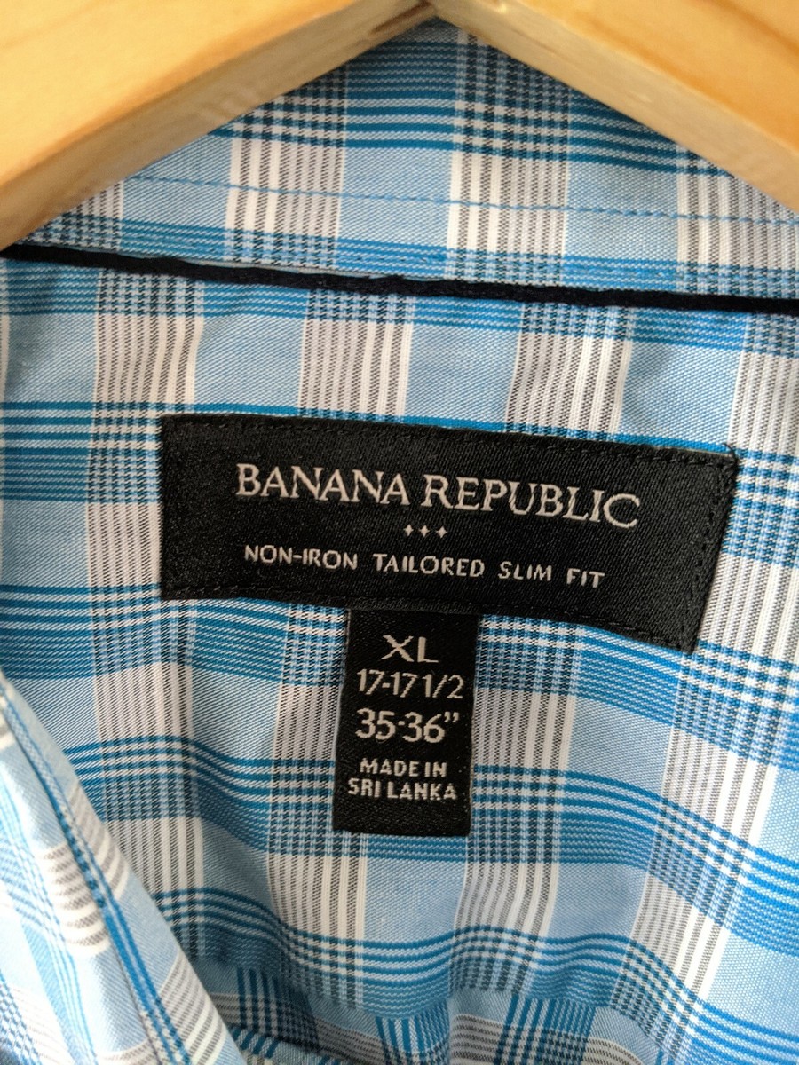 Mens Banana Republic Non Iron Slim Fit Blue Check Dress Shirt Size