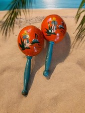 Vintage Hand Painted Wood Maraca Shaker Set Artwork La Playa Siesta Mexico