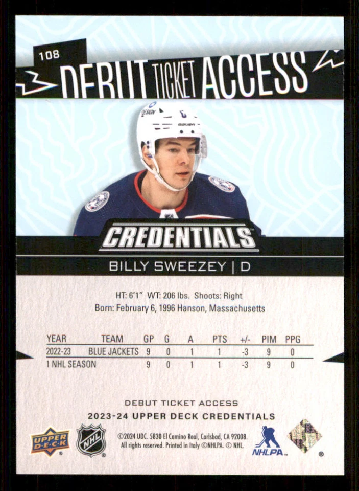 2023-24 Upper Deck Credentials #108 Billy Sweezey RC /999 - Image 2 of 2