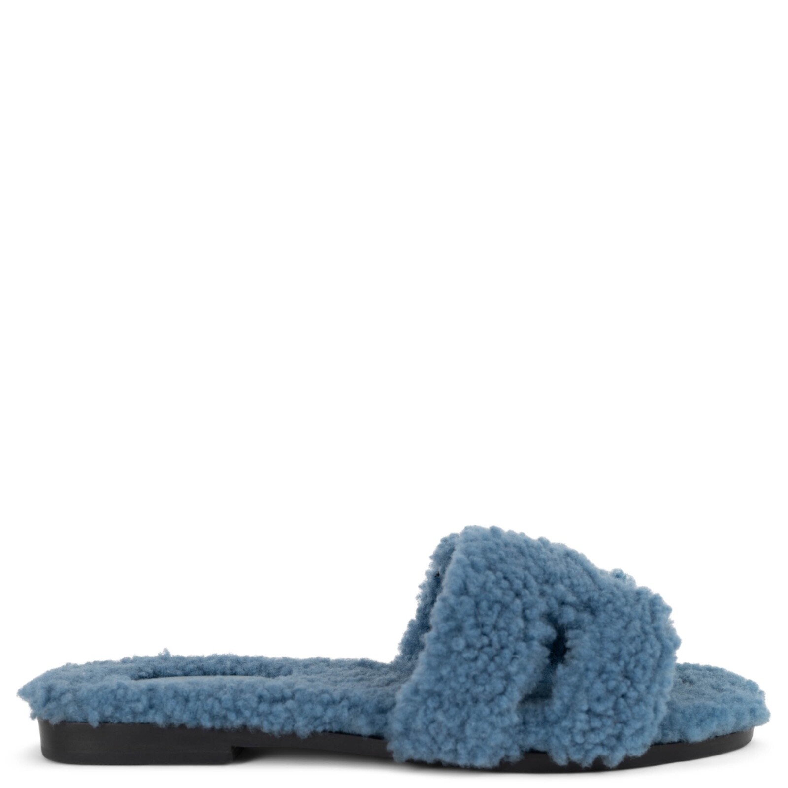 71857 auth HERMES Bleu blue woolskin ORAN TEDDY Slide Sandals Shoes 38