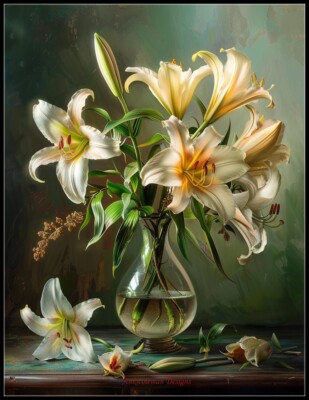 Lilies in Vase - DIY Chart Counted Cross Stitch Patterns Needlework DMC Color