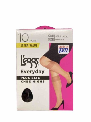 L'eggs Everyday Plus Size Knee Highs 10 Pair One Size Jet Black Sheer Toe - Picture 1 of 5