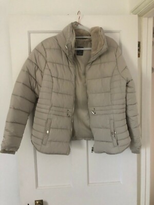 beige nude coat jacket with fur lined collar drawstring waist size L