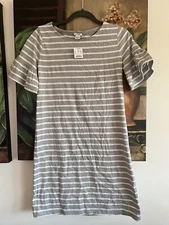 NWT J. CREW Ruffle Bell-sleeve Cotton T-shirt Dress Striped Gray White Shift XS