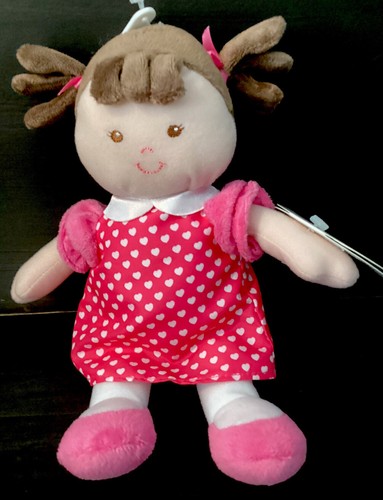 New Prestige Baby Plush Doll Security Toy Brown Hair Pigtails Pink Dress Hearts - Picture 5 of 6