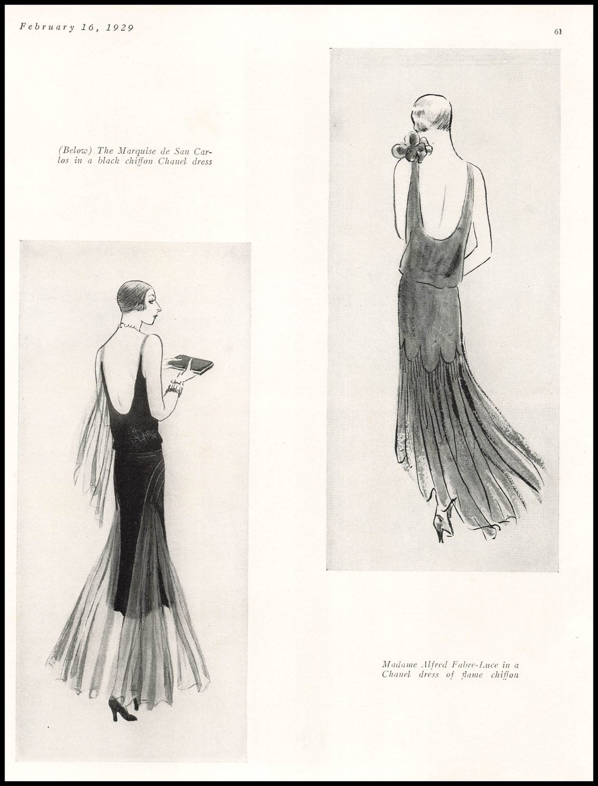 1929 The Marquis de San Carlos Black Chiffon Chanel Dress Sketch Art Print Ad