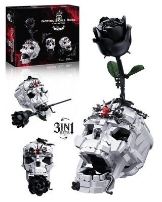 ONIMISC Skull Black Rose Flower Building Set, 3 in 1 Gothic Horror Decor Bota...