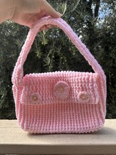 Pink Handmade Crochet Handbag Purse Bag Large, Cottagecore Style with Florals