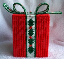 Needlepoint Christmas Holly Wrapped With Bow Kleenex Box Cover, Handmade