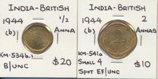 India: 1944 (b) KGVI 1/2 Anna & 2 Annas KM-534b.1, 541a Nice Grade (2 Coins)