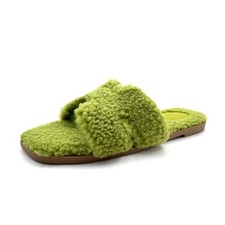 Faux Fur Furry Slipper Flat Sandal with Warm Plush Lining for Indoor Outdoor