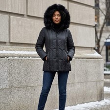 Women's Down Black Puffer Coat Quilted Jacket Faux Fur Hood Zip Winter XL