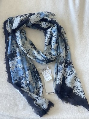 ERDEM 2015 Lace Print Long Scarf Blue/black 26x80 Cashmere Modal