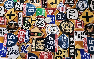 Quilting Treasures  Dan Morris Cotton Route 66 Highway Road Traffic Signs 4 Yds