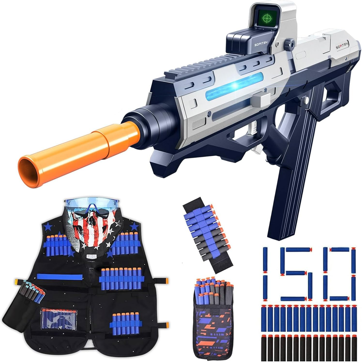 Automatic Sniper Rifle Toy With Scope & Vest Kit – 150 Soft Foam Bullets, Electric Blaster For Kids 8+