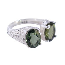 Natural Oval Moldavite Gemstone 925 Sterling Silver Women Hammered  Ring Jewelry